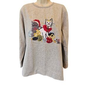 Vintage Bobbie Brooks cat Christmas applique ugly sweater holiday kittens L +